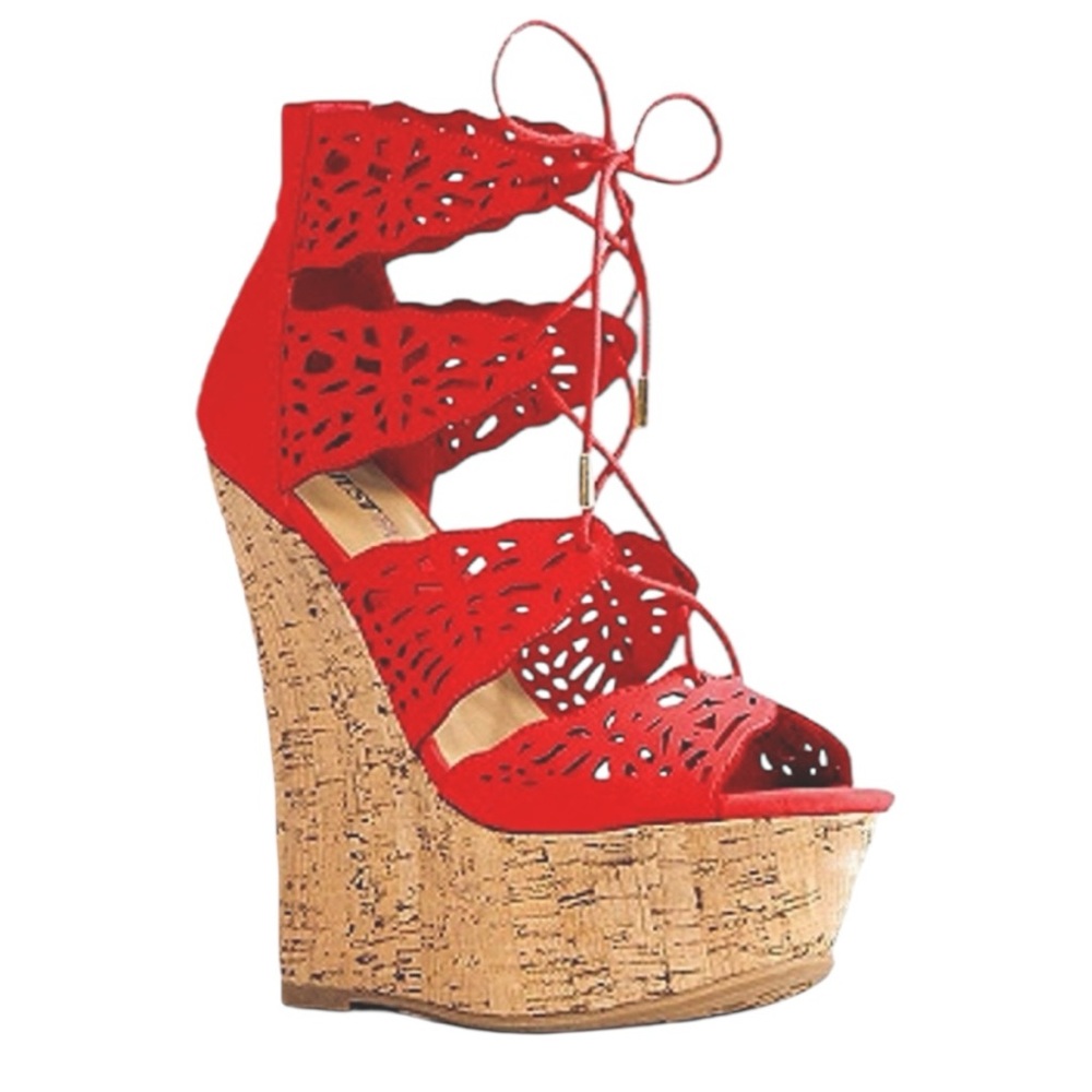 NIB JustFab Red Laser-Cut Cork Wedge Platform Sandals “Amalia” Y2K Size 8.5